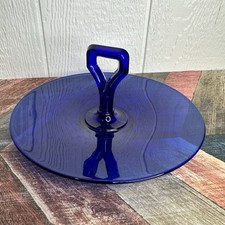 Vintage 1970s Cobalt Blue Glass Serving Tray with Silver-Tone Wire Basket Stand