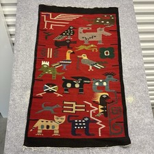 Handwoven Wool Pictorial Tapestry Rug with Animals, Palm Trees & Birds