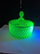 Green Uranium Depression Glass Ribbed Powder Jar / Covered Candy Dish, 3.5" Tall — listing 6