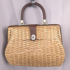 Vintage Woven Straw & Tan Leather Structured Top-Handle Handbag with Turn-Lock Closure — listing 6