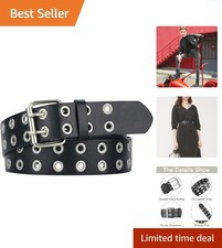 Set of 2 Studded Grommet Belts - Pink Double-Prong & Black Eyelet — listing 2