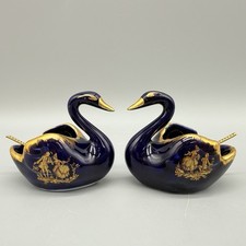 Limoges France Gold Gilt Porcelain Figural Swan Open Salt Cellar with Two Salt Spoons — listing 6