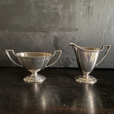Vintage Silverplate Covered Sugar Bowl and Creamer Set with Gadroon Band and Scroll Handles — listing 6