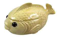 Figural Fish Soup Tureen with Lid, Pink/Mauve Majolica-Style Ceramic — listing 6