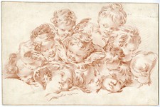Framed Sepia/Sanguine Cherub Engraving Print in Oval Vignette