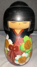 Pair of Japanese Sosaku Kokeshi Doll Heads / Turned Wood Lidded Boxes with Hand-Painted Floral Motif Solid with a peg hole