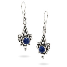 Bali-Style Sterling Silver Filigree Dangle Earrings with Oval Lapis Lazuli / Blue Stone Cabochons