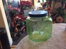 Vintage Uranium Green Glass Square Hoosier Canister Jar with Green Metal Lid — listing 2
