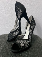 Black Lace Overlay Peep-Toe Platform Stiletto Pumps Read the insole logo