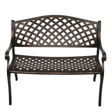 Outdoor Patio Loveseat with Mesh Sling Back and Cushion, Black Metal Frame with Wood-Tone Armrests