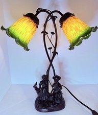 Three-Light Tulip Lily Table Lamp with Murano-Style Art Glass Shades and Figural Butterfly Bronze-Tone Base — listing 5