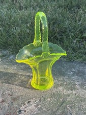 Vintage Uranium Vaseline Glass Miniature Basket with Twisted Handle, 4 inches