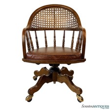banker's pair Pair of Vintage Bankers Chairs Solid Wood Slat-Back Armchairs — listing 4