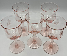 Vintage Pink Depression Glass Wine Goblet with Wheel-Cut Floral Etching — listing 2