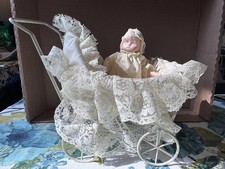 Vintage Porcelain Baby Doll with Blonde Hair, Blue Eyes, White Eyelet Lace Bonnet and Gown — listing 2
