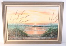 Vintage Framed Coastal Sunset Seascape Print, California-Style Beach and Cliffs, Early-to-Mid 20th Century — listing 4