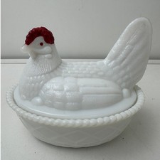 Vintage Milk Glass Hen on Nest Covered Dish with Basketweave Base — listing 6