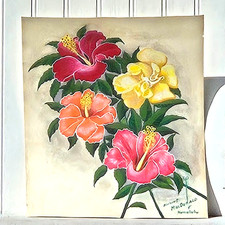Framed Original Red Hibiscus Floral Painting, Signed — listing 3