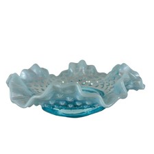 Blue Opalescent Ruffled Footed Vase with Block/Plaid Pattern — listing 5