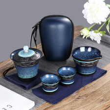 Chinese Kung Fu Travel Tea Set with Green Reactive Glaze - Teapot, Gourd Caddy, 4 Cups, Bamboo Tray & Carry Case — listing 3