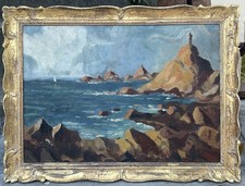 Original Oil Painting of Coastal Seascape with Driftwood, Ornate Black Frame — listing 3