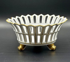 Andrea by Sadek Reticulated Porcelain Oval Basket with Blue Floral Lattice and Gold Trim — listing 6