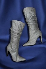 Emmy Sequin Glitter Knee-High Stiletto Boots, Size 10, Silver — listing 5