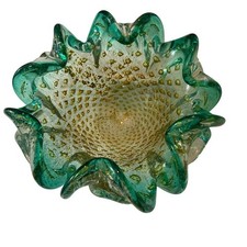 Vintage Green Art Glass Brides Basket with Applied Clear Twisted Handle and Ruffled Rim — listing 3