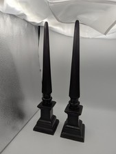 Decorative Cast Metal Obelisk with Lattice Pattern, Ball Feet, and Verdigris Patina, Made in India, approx. 13-14" tall