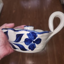 Williamsburg Pottery 3-Piece Salt-Glaze Stoneware Candle Set with Cobalt Leaf Motif — listing 5