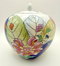 Vintage Navy Blue Ceramic Ginger Jar Table Lamp with Hand-Painted Gold Vine & White Tulip Chinoiserie Design — listing 4