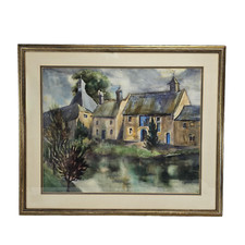 Framed European Village Watercolor Print with Church Spire and Timbered Houses — listing 2
