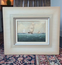 marine watercolor painting Antique Watercolor Seascape with Sailboats in Carved Wood Frame