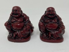 Vintage Laughing Buddha Figurine Holding Sack and Ruyi Scepter, Red Resin/Cinnabar-Style, ~4 inches