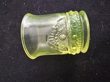 Antique Uranium Glass Miniature Toothpick Holder, Green Pressed Glass with Scalloped Rim, 2 inches tall