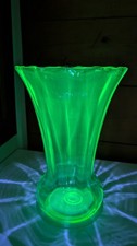 Art Deco Uranium Green Glass Trumpet Vase, Octagonal Foot, 8 inches