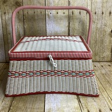 Vintage Woven Wicker Sewing Basket with Green Wooden Lid and Starburst Motif — listing 5