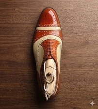 Men's Tan Leather Wingtip Brogue Derby Dress Shoes — listing 2