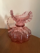 Vintage Cranberry Glass Ruffled-Top Melon Pitcher/Creamer with Applied Clear Handle