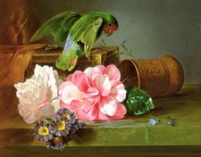 Original Oil Painting of Two Green Parrots (Superb Parrots) Signed Mariott, Gilt Framed — listing 3