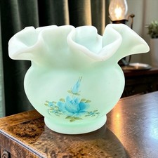 Fenton Custard Satin Glass Ruffled Vase, Hand-Painted Floral, 11 inch — listing 2