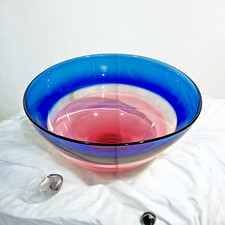 Hand-Blown Art Glass Vase, Cobalt Blue with Cranberry Red Swirl Overlay