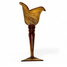 Vintage Amber Swirl Optic Hand-Blown Glass Vase with Ruffled Rim