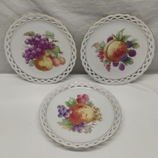 Set of 6 German Porcelain Reticulated Fruit Plates with Gold Trim, Hand-Colored Orchard Fruit Transfers — listing 5