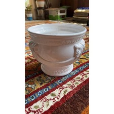 White Ceramic Lion Head Cachepot / Jardinière with Lion Mask Handles, Made in Portugal — listing 4
