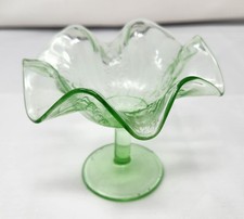 Vintage Green Uranium Glass Ruffled Crimped Bowl with Textured Floral Pattern — listing 2