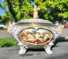 Capodimonte Porcelain Bowl / Cachepot with High-Relief Cherub Scene and Gilt Trim