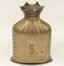 Vintage Brass Money Bag / Sack Vase with Rope Tie and Ruffled Top