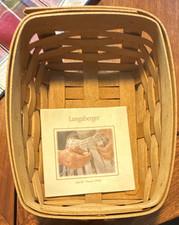 Longaberger Small Handwoven Basket with Leather Handle, Green Trim & Red Accent Band
