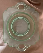 Vintage Green Uranium Depression Glass Two-Handled Serving Plate, Octagonal Hobnail/Thumbprint Pattern, 6.5 inches — listing 2